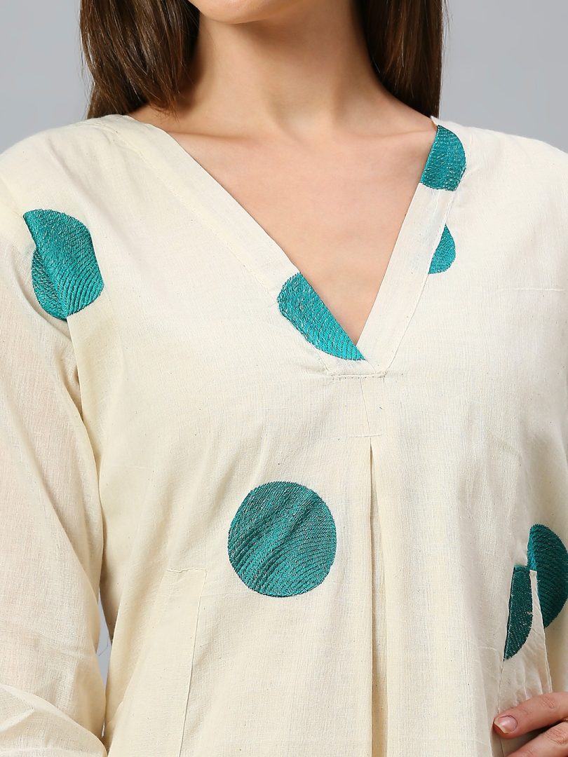 White Linen Kurti – Black Circular Embroidery - Image 12