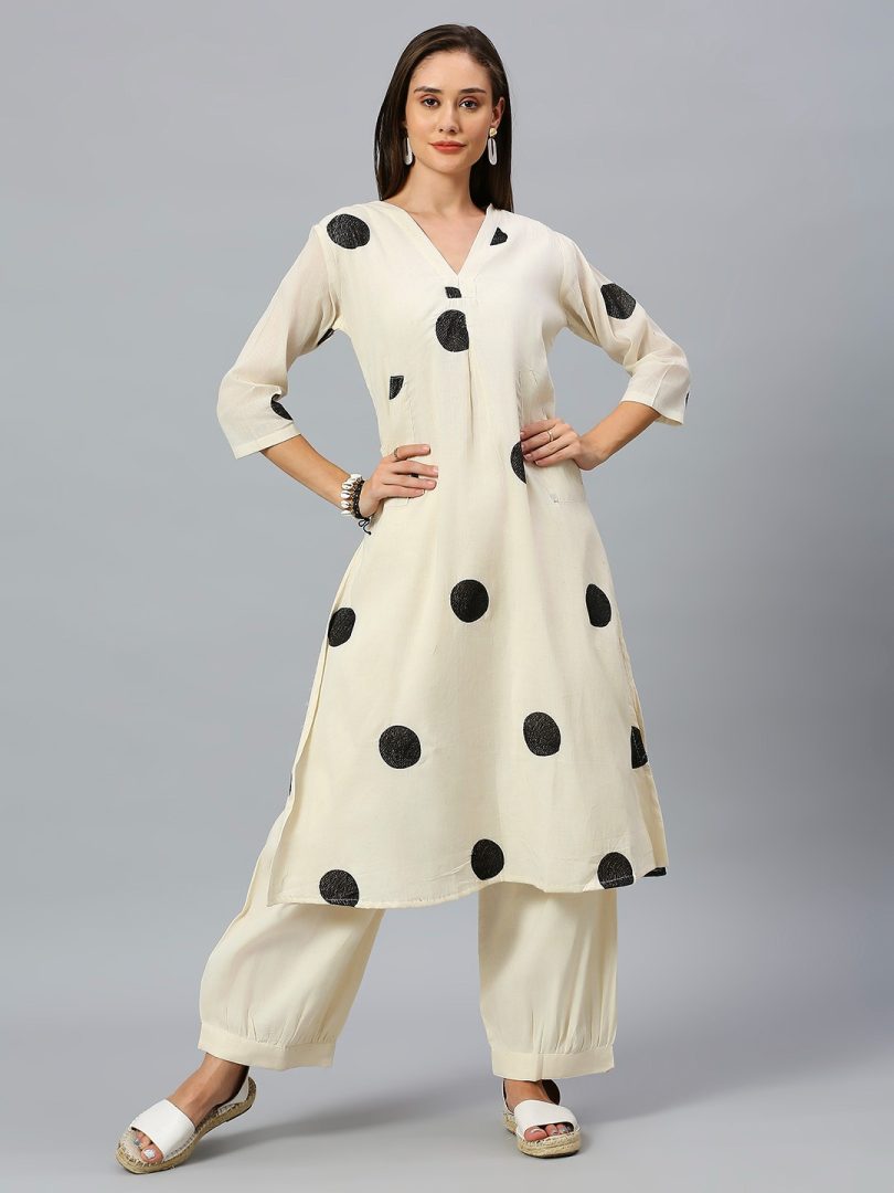 White Linen Kurti – Black Circular Embroidery