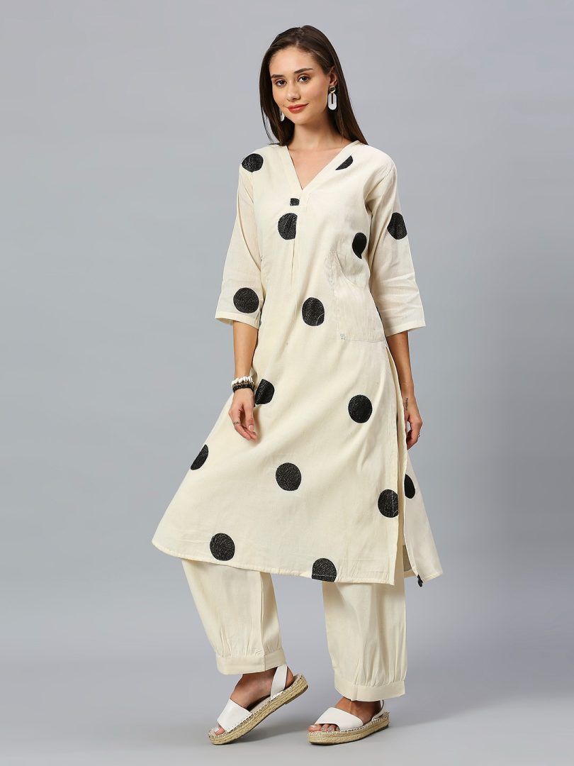 White Linen Kurti – Black Circular Embroidery - Image 7