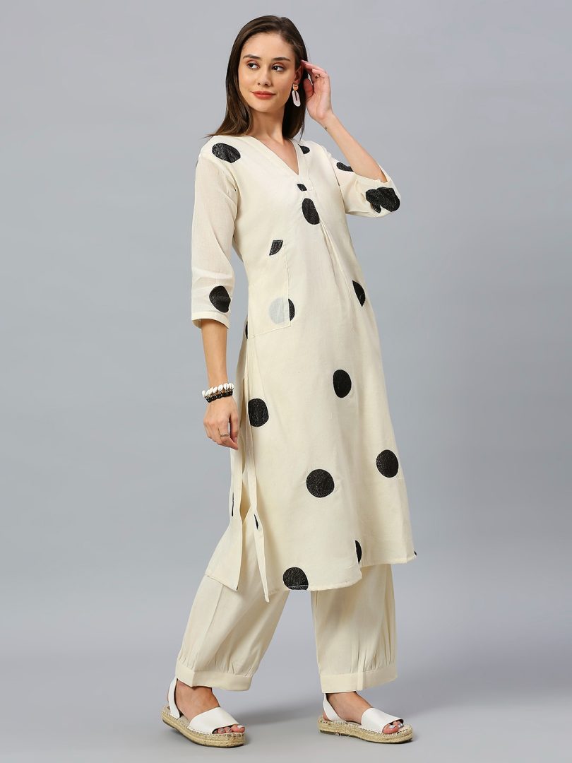 White Linen Kurti – Black Circular Embroidery - Image 6