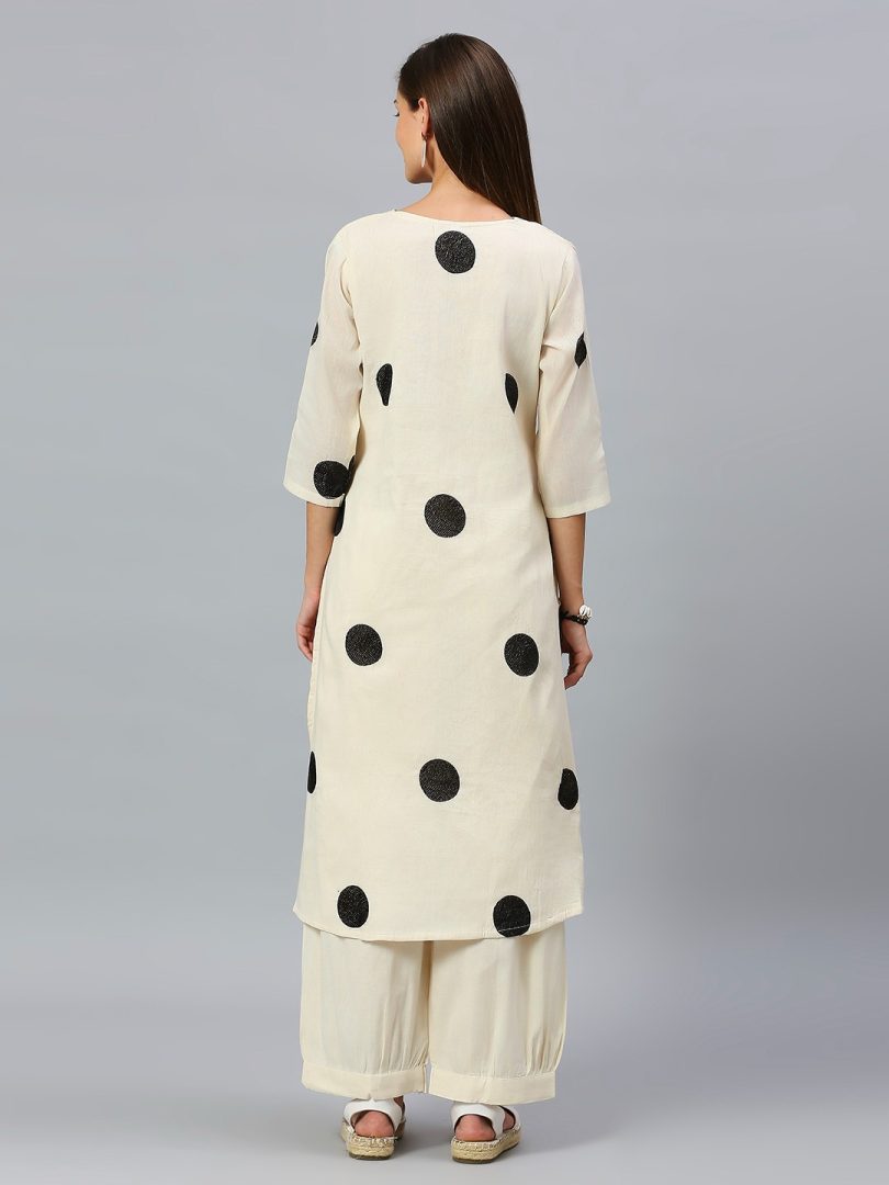 White Linen Kurti – Black Circular Embroidery - Image 5
