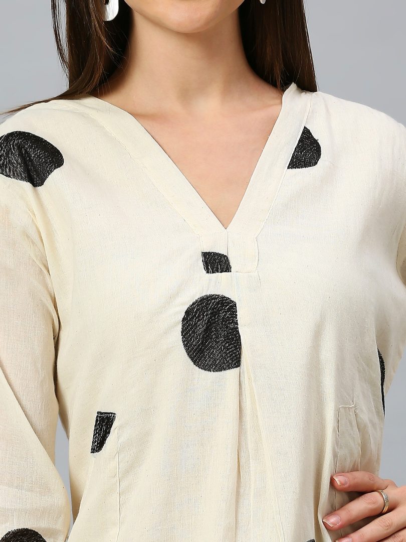 White Linen Kurti – Black Circular Embroidery - Image 4