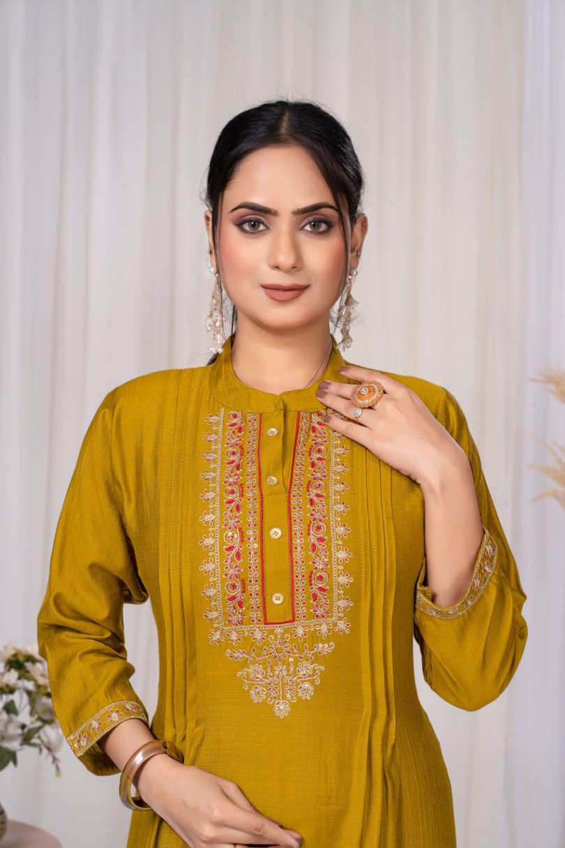 Morni Silk Stand Patti Collar Embroidered Straight Kurti - Image 2
