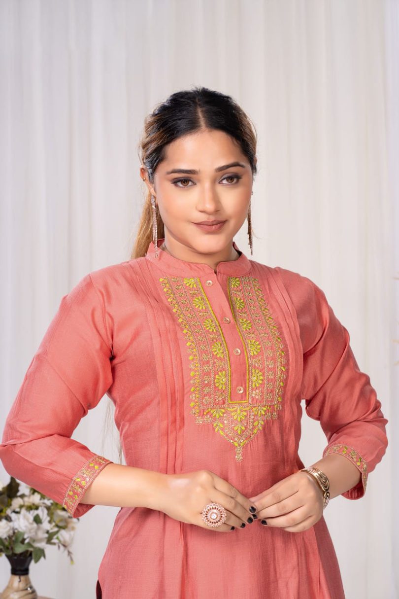 Morni Silk Stand Patti Collar Embroidered Straight Kurti - Image 3