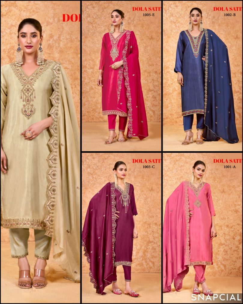 Pure Dola Satin Embroidered Suit with Cut-Work Dupatta