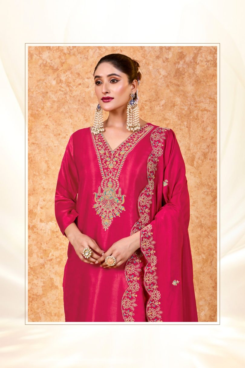 Pure Dola Satin Embroidered Suit with Cut-Work Dupatta - Image 2
