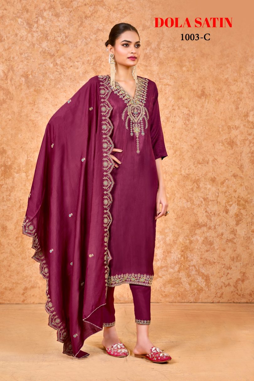 Pure Dola Satin Embroidered Suit with Cut-Work Dupatta - Image 11