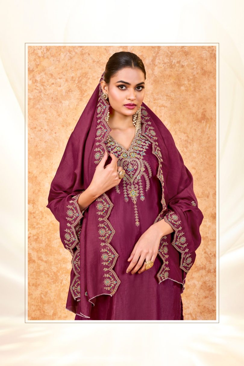 Pure Dola Satin Embroidered Suit with Cut-Work Dupatta - Image 10